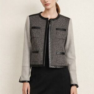 Maje Paris Wool Metallic Tweed Lambskin Leather Trim Designer Blazer Jacket 38 M